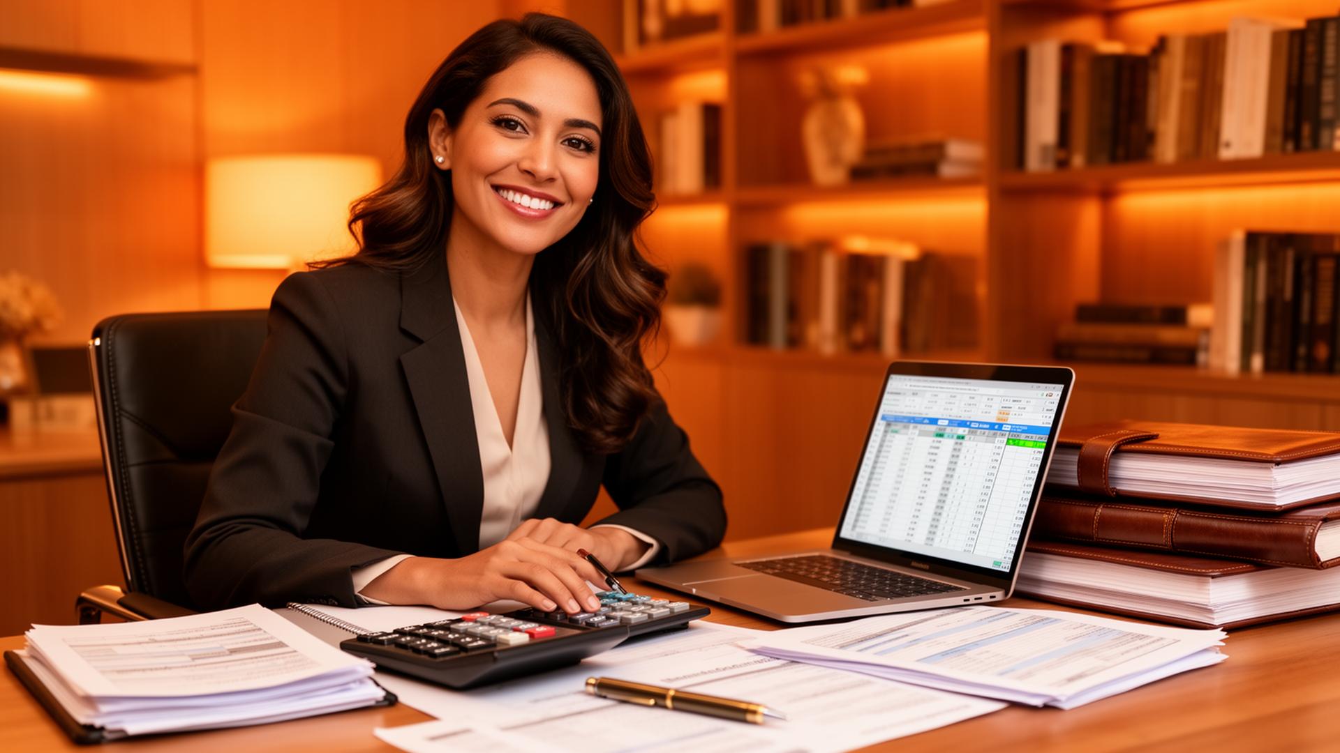 Contadora profesional latina trabajando en su oficina